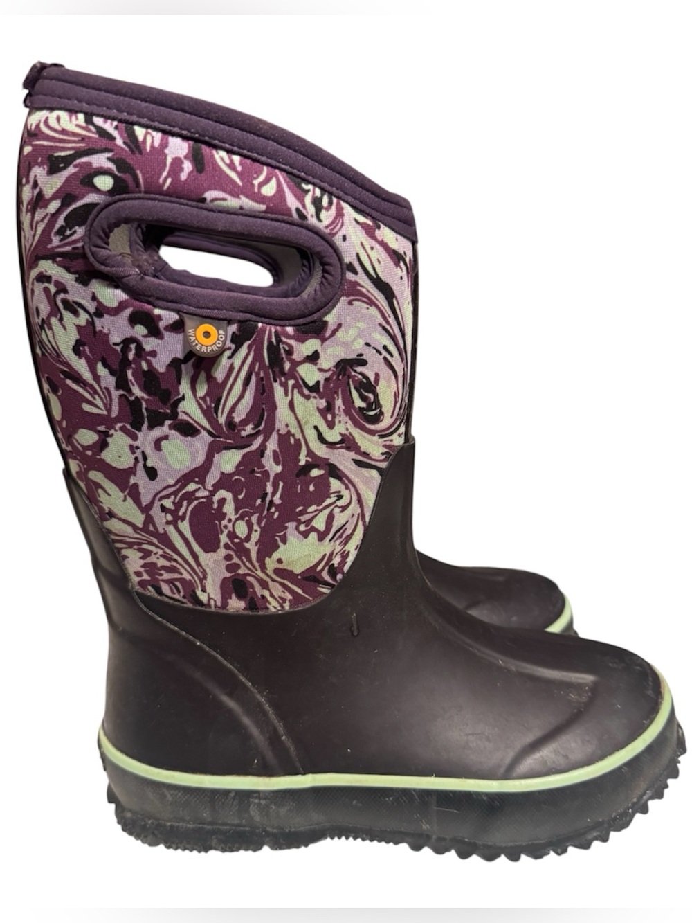 Bogs Kids Purple Patterned Waterproof Boots with Green Trim - US 2/ EUR 33